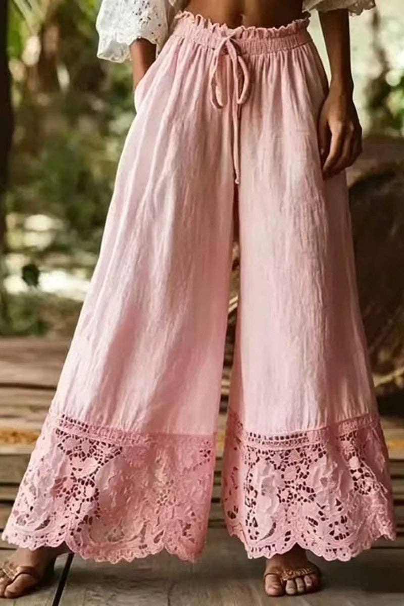 Lace Trim Wide-Leg Casual Pants: WHITE / L