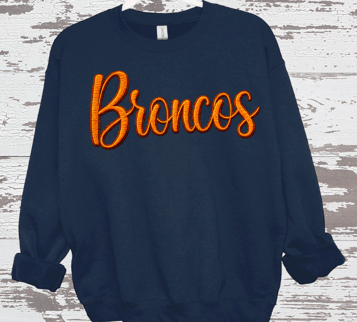 Broncos Faux Embroidery Yarn Denver 3D Sweatshirts embossed: White / Gildan T-Shirt / Unisex Large