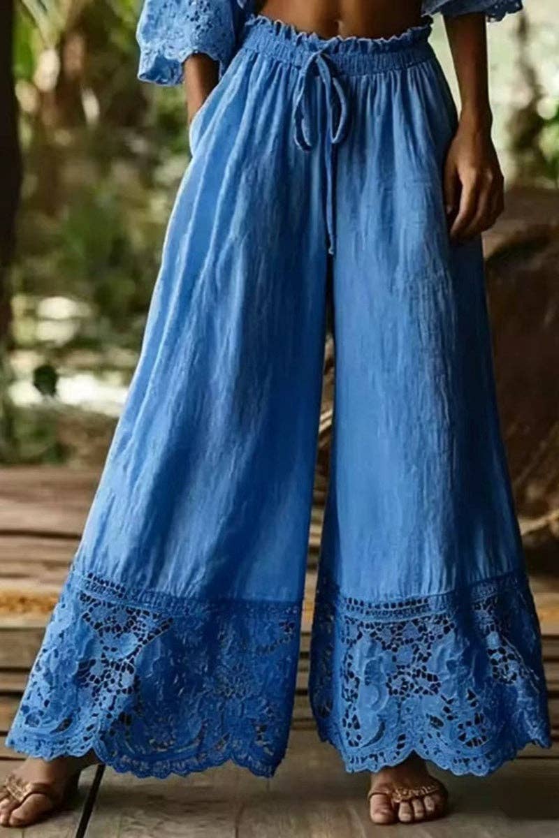 Lace Trim Wide-Leg Casual Pants: WHITE / L