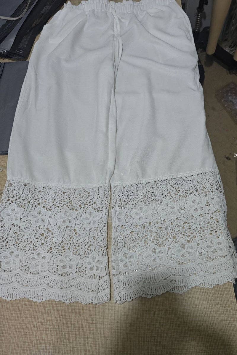 Lace Trim Wide-Leg Casual Pants: WHITE / L