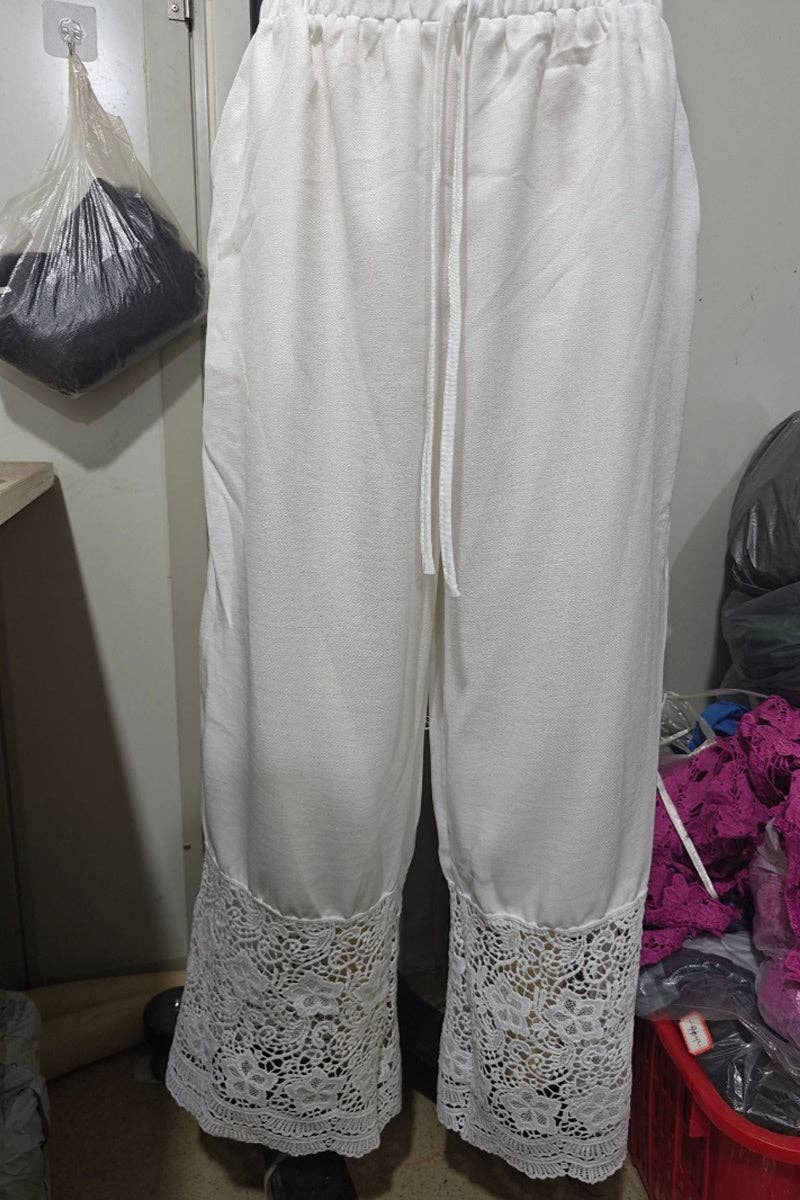 Lace Trim Wide-Leg Casual Pants: WHITE / L