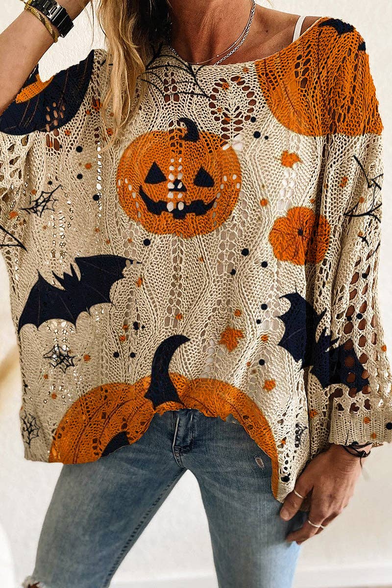 Halloween Themed Knit Blouse: ORANGE / L