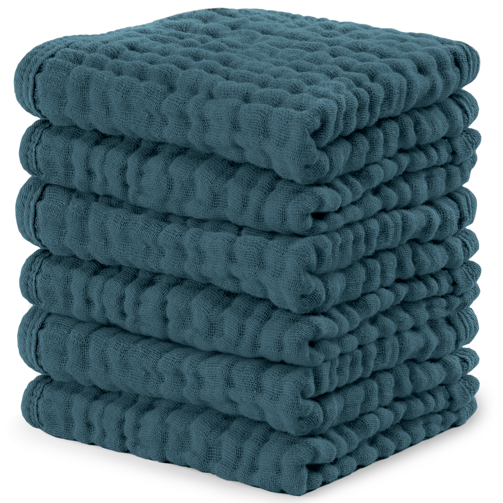 Muslin Baby Washcloths, Soft 10"x10" Cotton by Comfy Cubs: Pacific Blue / 6-Pack 10”X10”