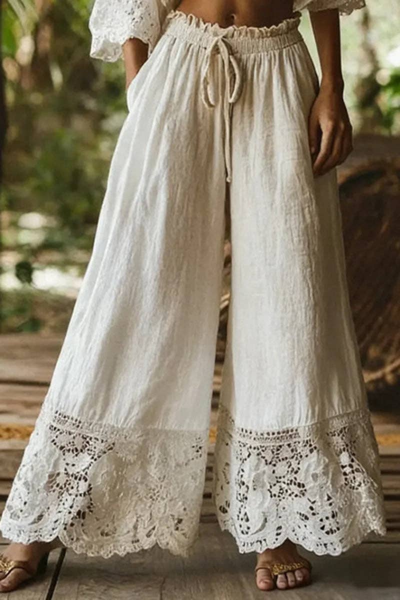 Lace Trim Wide-Leg Casual Pants: WHITE / L