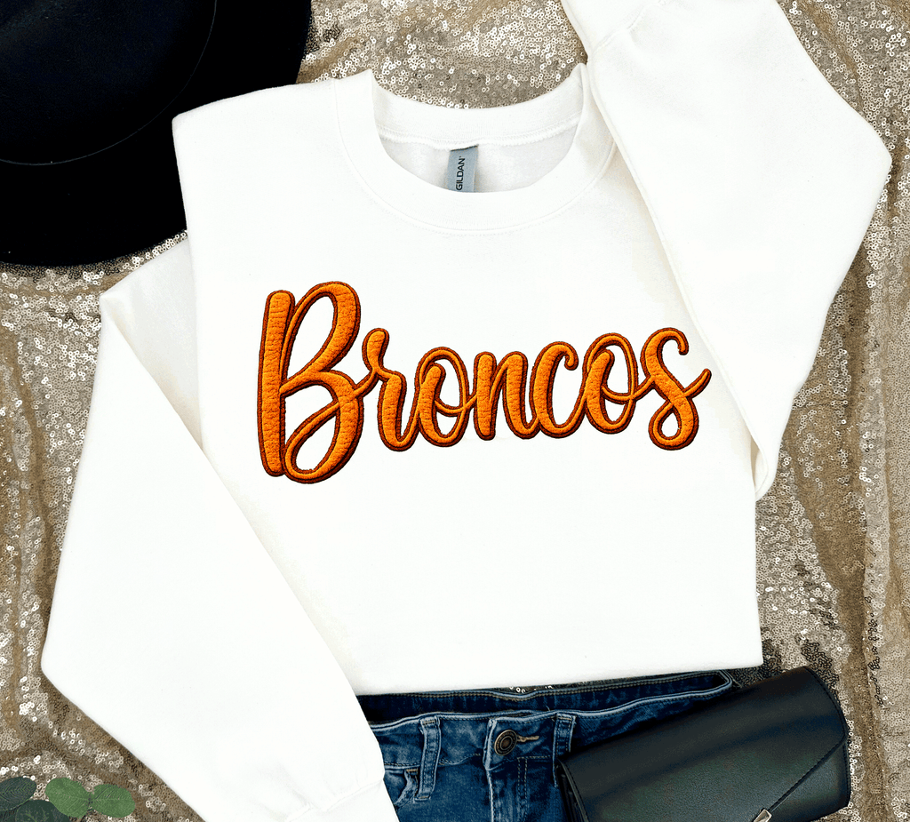 Broncos Faux Embroidery Yarn Denver 3D Sweatshirts embossed: White / Gildan T-Shirt / Unisex Large
