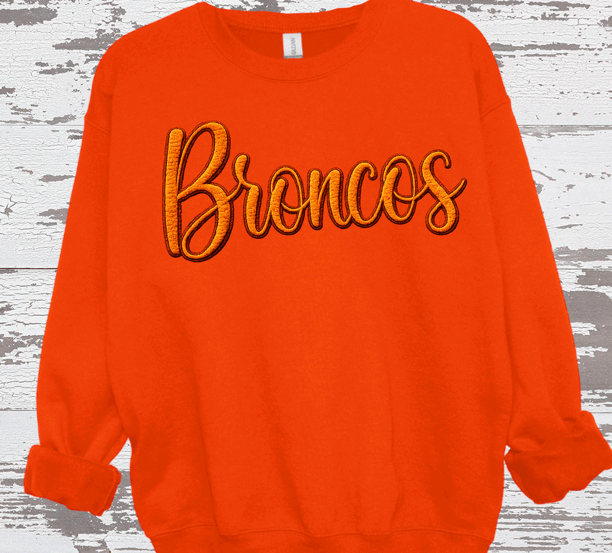 Broncos Faux Embroidery Yarn Denver 3D Sweatshirts embossed: White / Gildan T-Shirt / Unisex Large
