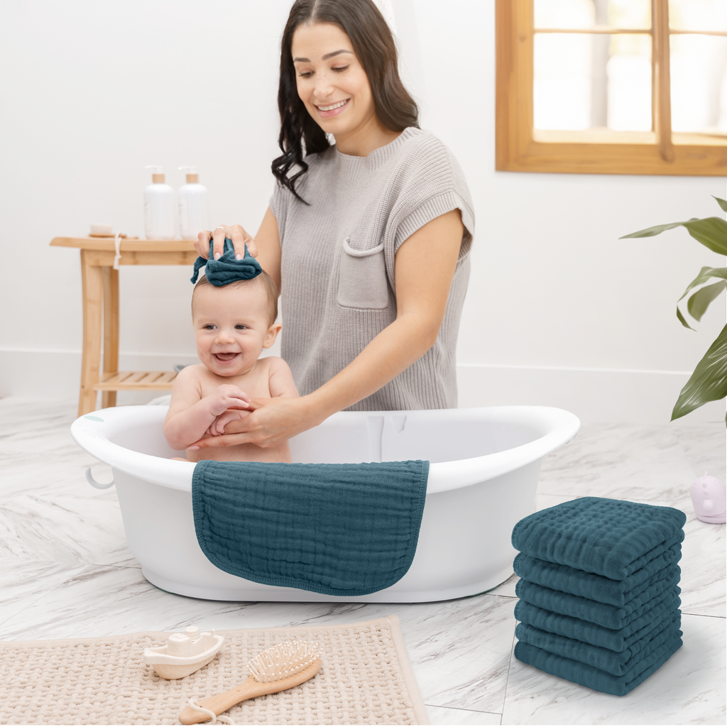Muslin Baby Washcloths, Soft 10"x10" Cotton by Comfy Cubs: Pacific Blue / 6-Pack 10”X10”