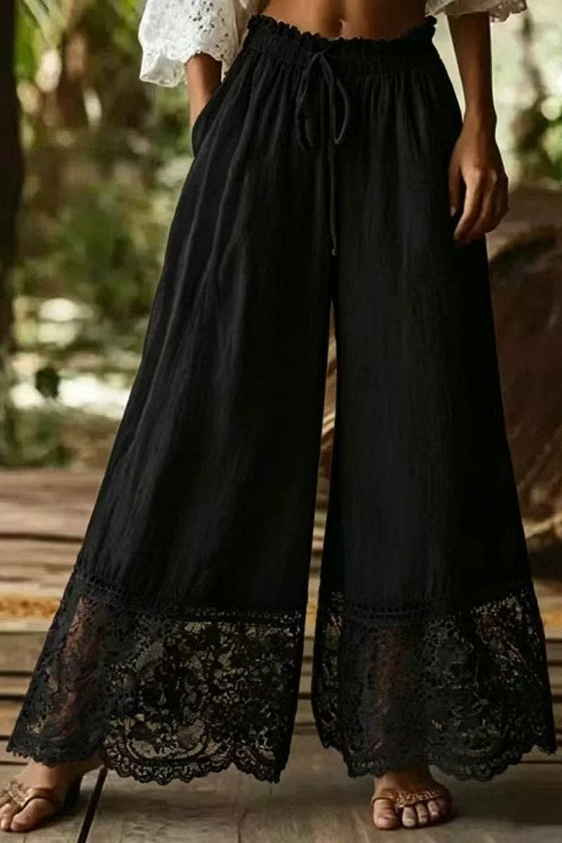 Lace Trim Wide-Leg Casual Pants: WHITE / L