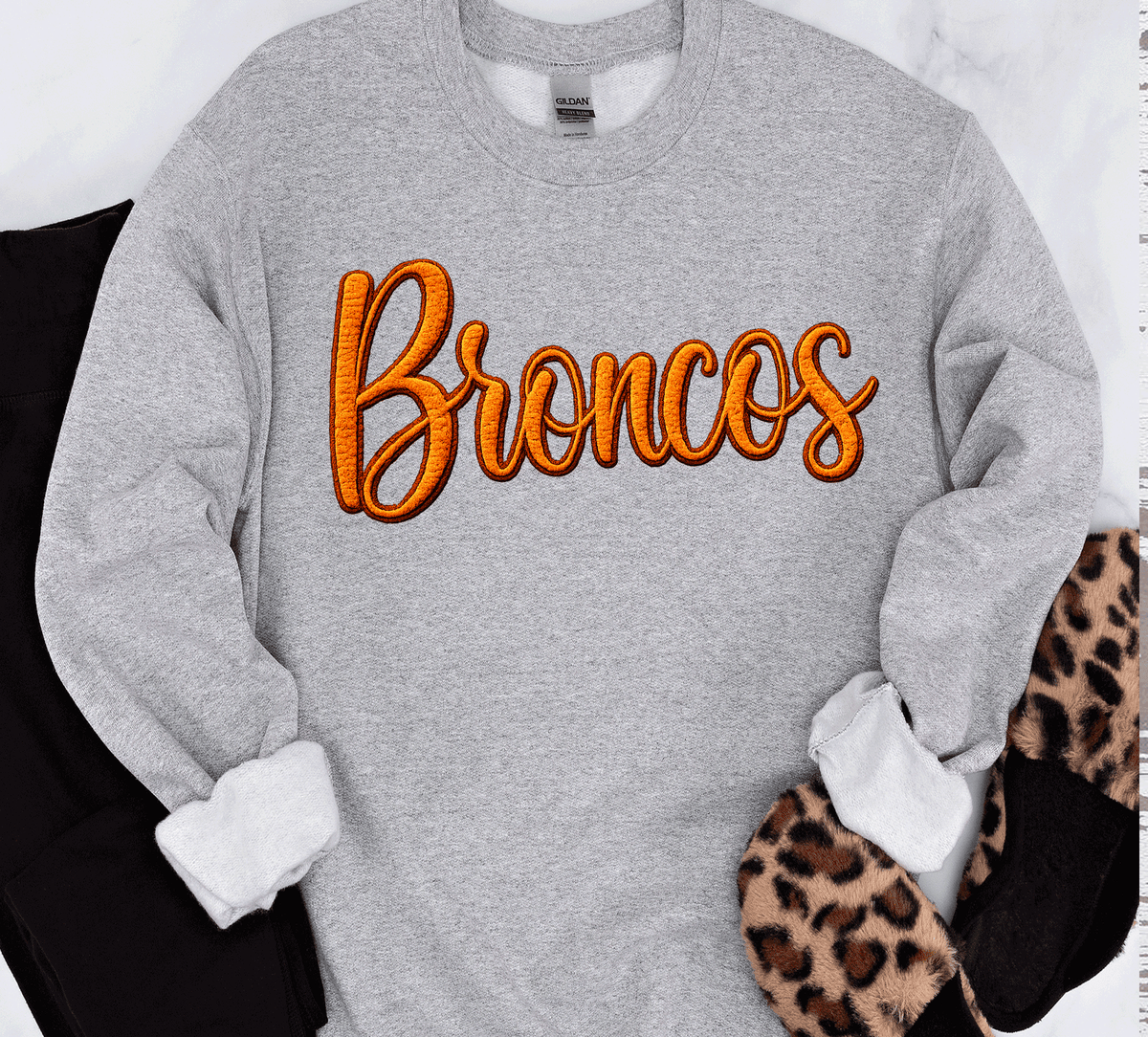 Broncos Faux Embroidery Yarn Denver 3D Sweatshirts embossed: White / Gildan T-Shirt / Unisex Large
