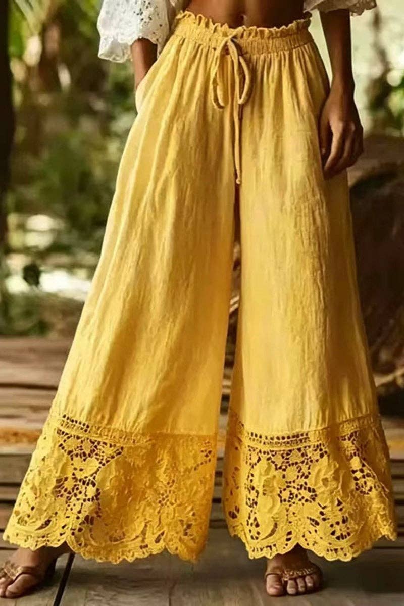 Lace Trim Wide-Leg Casual Pants: WHITE / L